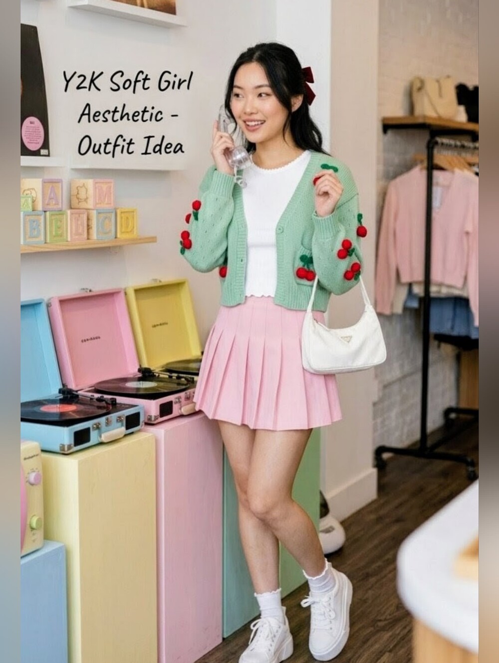Coquette Cherry Knit Cardigan Mint Green Tie Front Cropped Pointelle Sweater - Picture 10 of 11